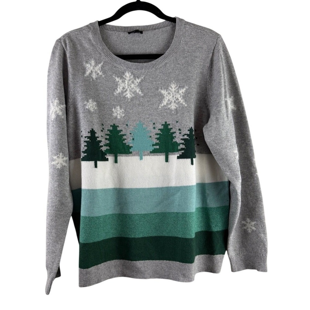 Talbots Holiday Christmas Tree Snowflake Knit Sweater Striped Gray Plus 1XPetite